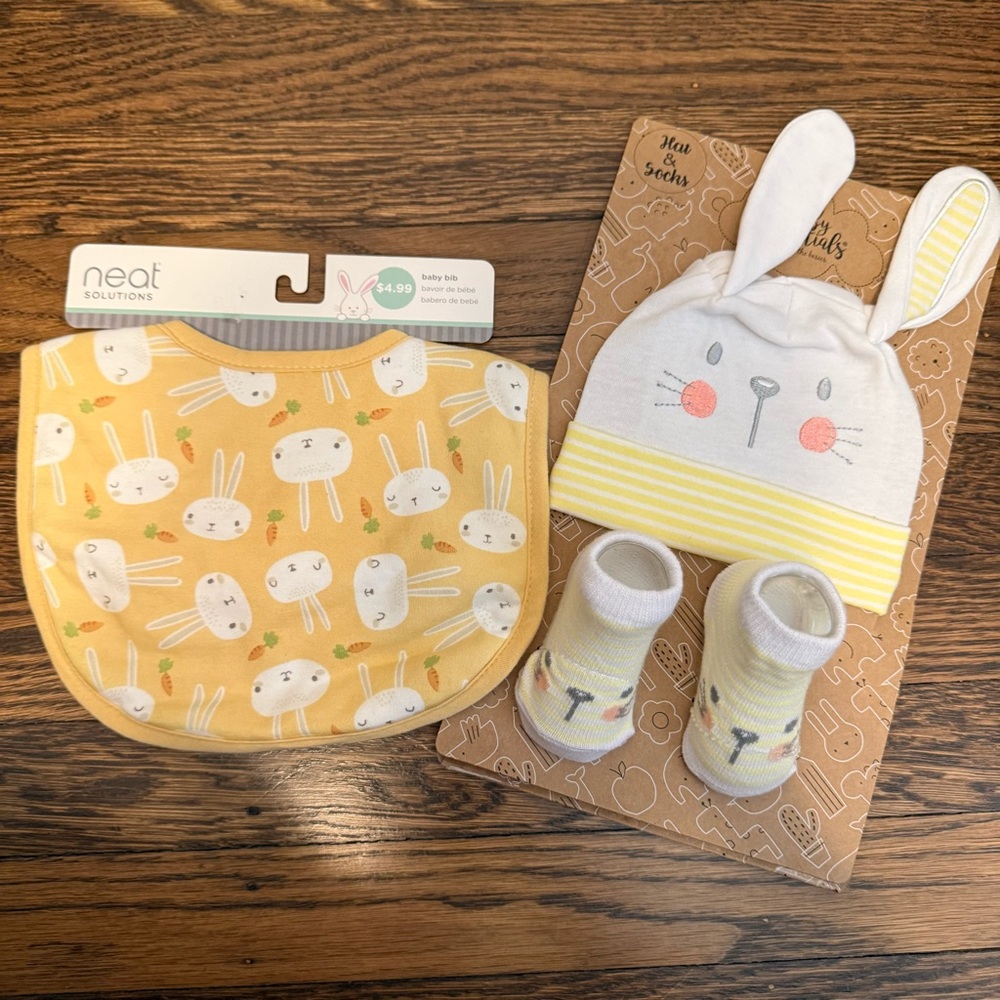 NEW! Baby Essentials & Neat Solutions Bunny Hat, Sock & Bib Set ( yellow)